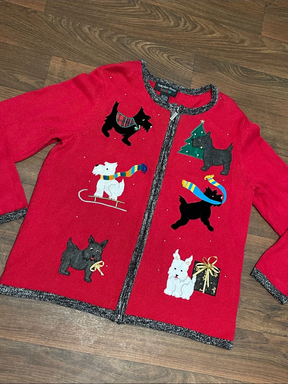 Vintage Hampshire Studio SNOW Scottie Dog Christmas Full Zip Sweater Size L